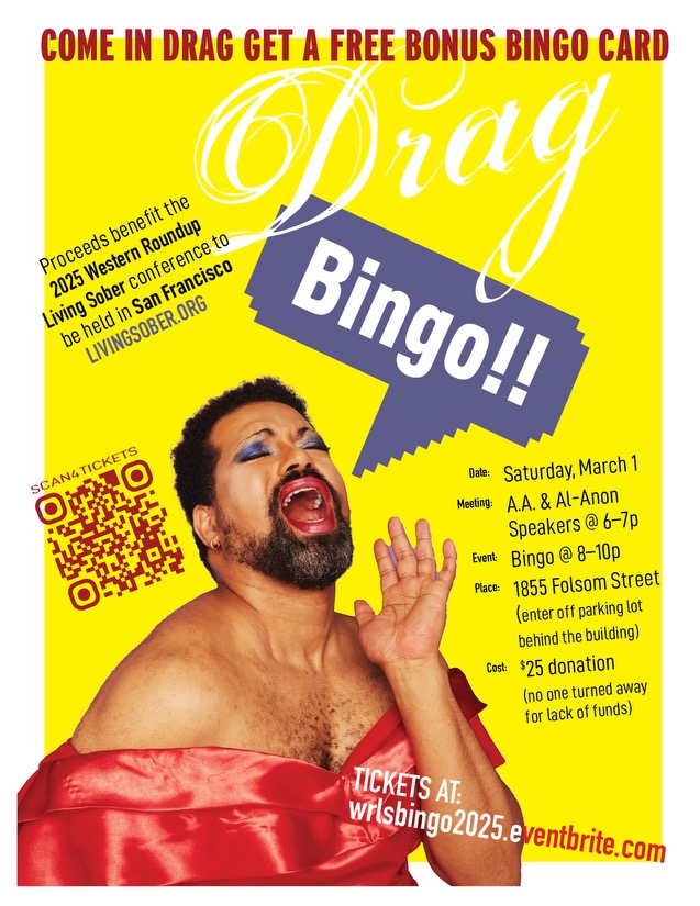 udated Drag Bingo flyer with image of drag queen and details of 3/1/25 6pm bingo event