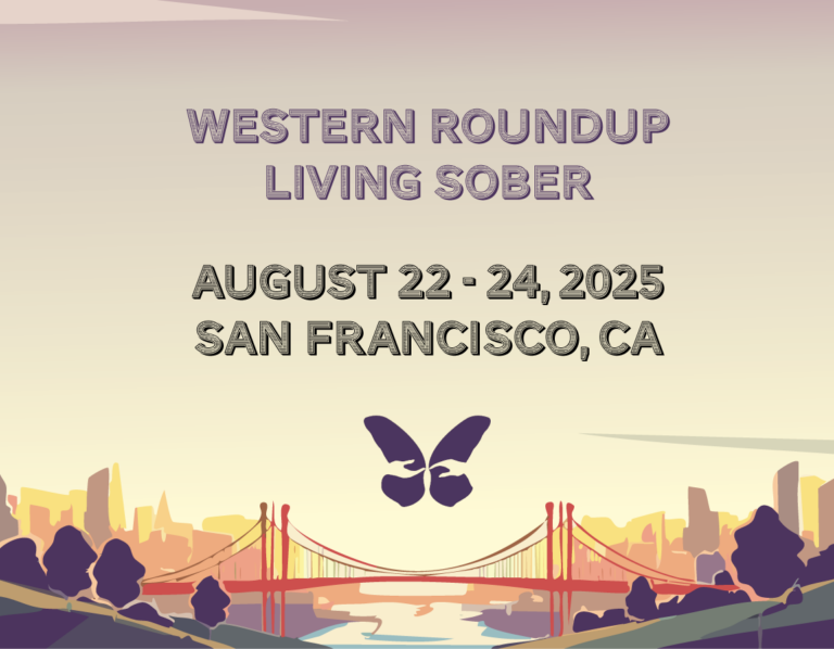 A vector graphic depicting san francisco with "Western Roundup Living Sober August 22-24 2025 San Francisco, CA" in front of it